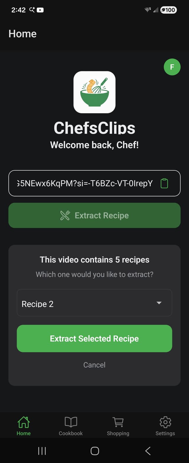 ChefsClips app detecting multiple recipes from a YouTube video